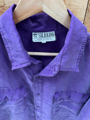 Vintage 90s purple pure silk twin pocket short sleeve oversized mens shirt size large by SilkKing