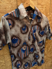 Vintage 80s nylon abstract droplets beige blue pattern shirt size small by Joel