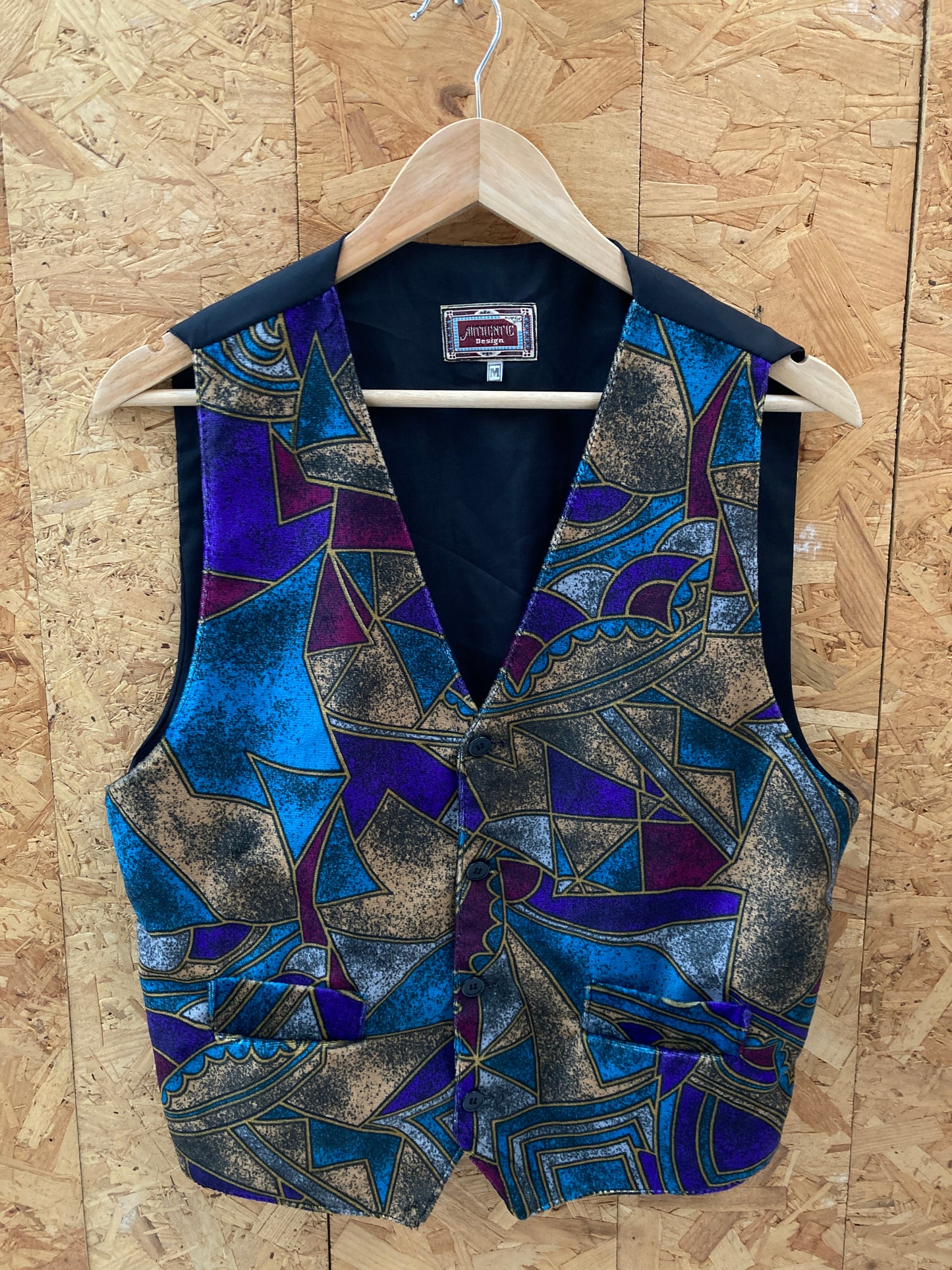 Vintage 80s turquoise gold purple abstract psychedelic velour waistcoat size M