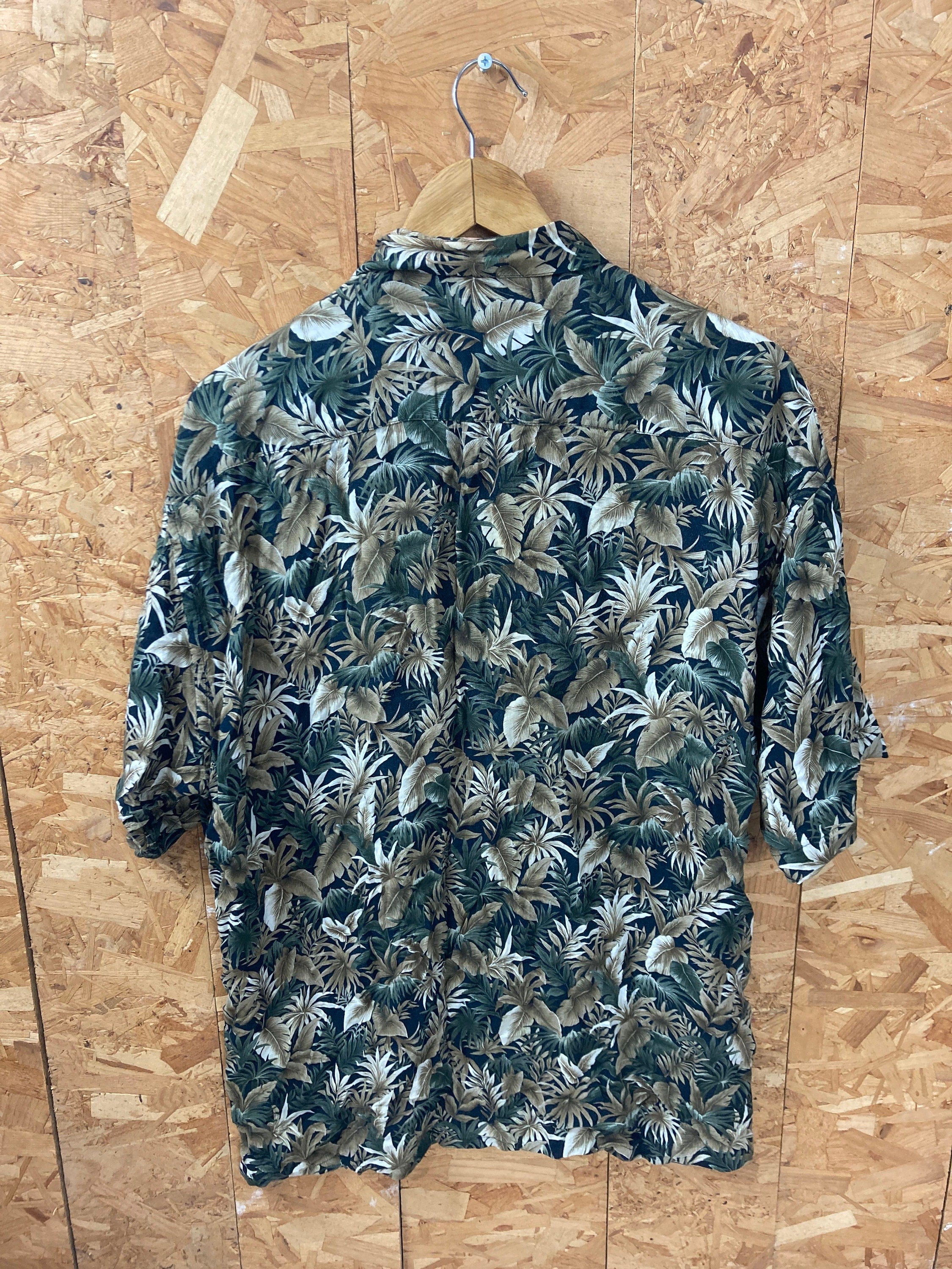 Vintage 90s green brown leaf pattern Hawaiian short sleeve ugly rayon shirt size XL