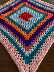 Vintage Handmade Granny Square Crochet Blanket Throw Pink Teal Orange Purple