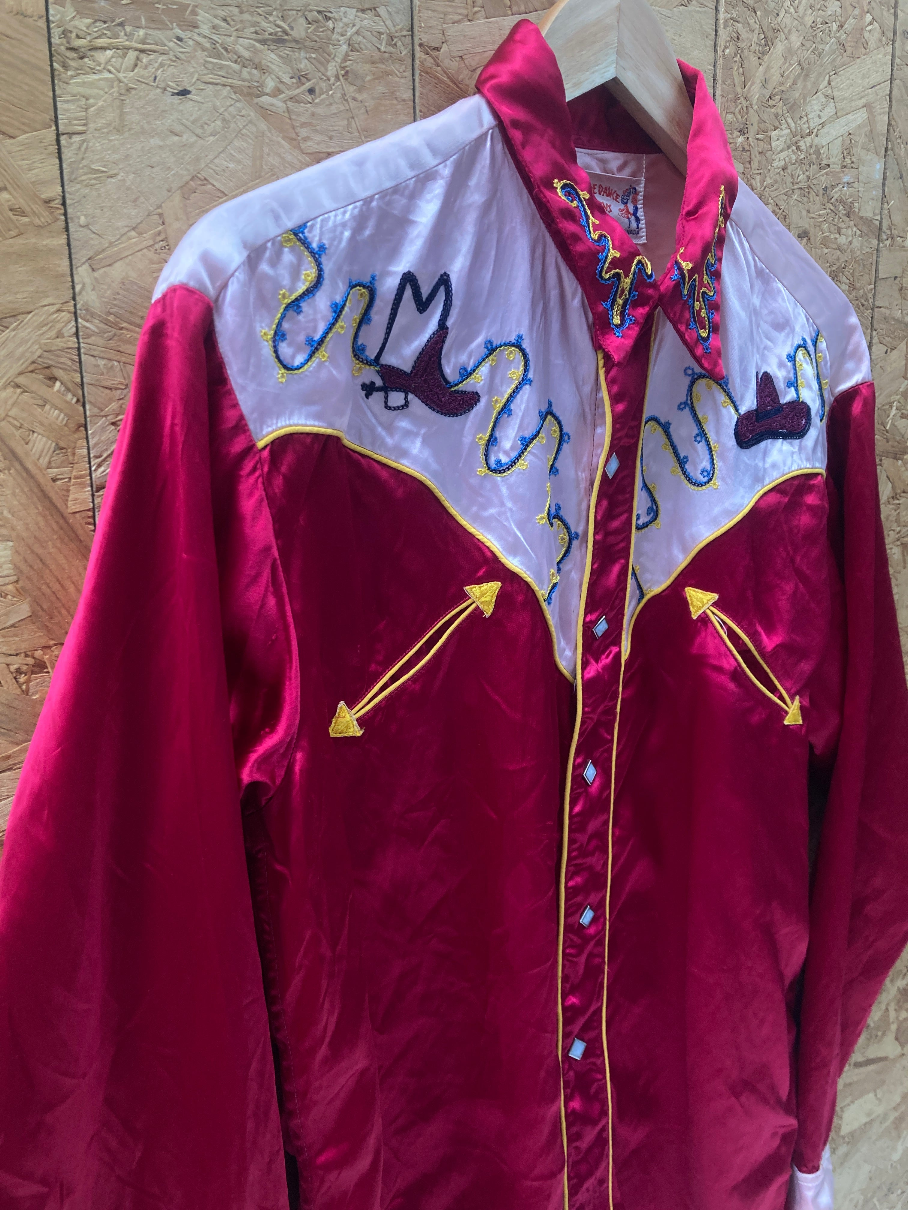 Vintage 50s satin red beige southwestern cowboy stage shirt size large
