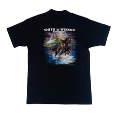 Vintage 1992 Smith & Wesson Revolvers USA 3d emblem cowboy rancher horses nature scene print black s