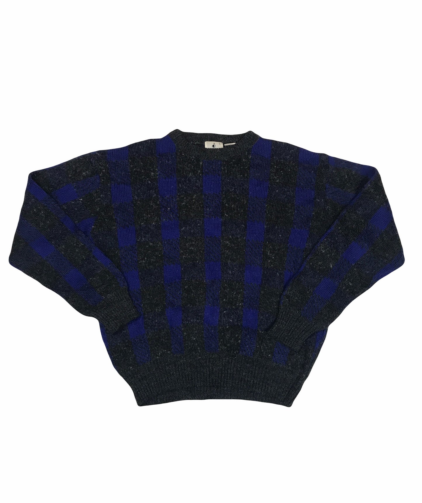 Vintage 90s charcoal blue knitted wool & acrylic stripe squares pattern jumper pullover size large b