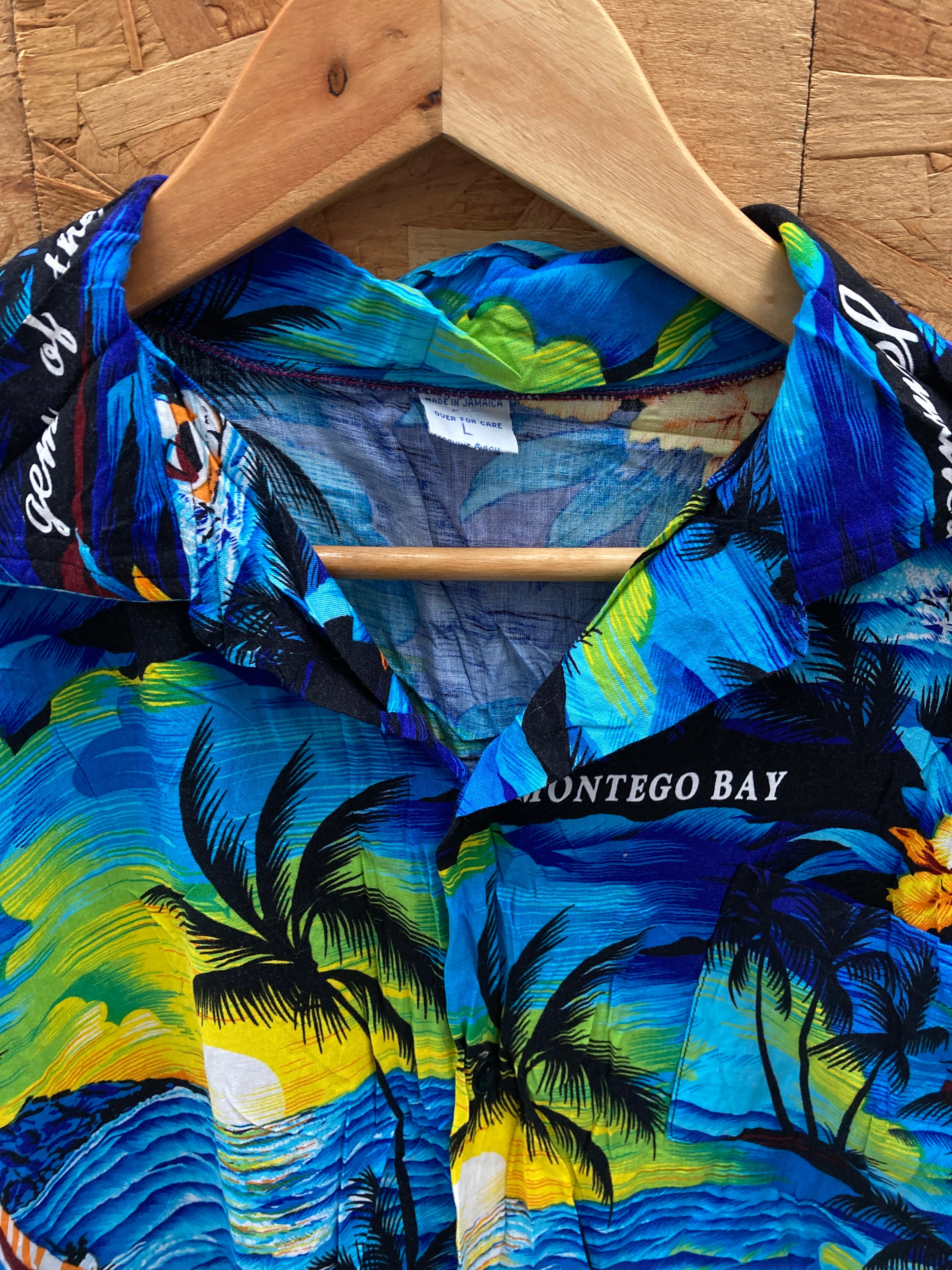 Vintage 90s rayon blue yellow palm tree Jamaica Hawaiian shirt size large