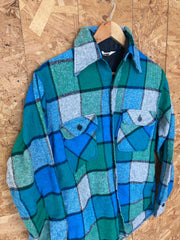 Vintage 80s wool mix heavy green blue grey chunky check western CPO shirt size medium by M Ward