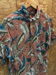 Vintage 90s rayon coral blue grey leaf pattern Hawaiian shirt size M by Campia
