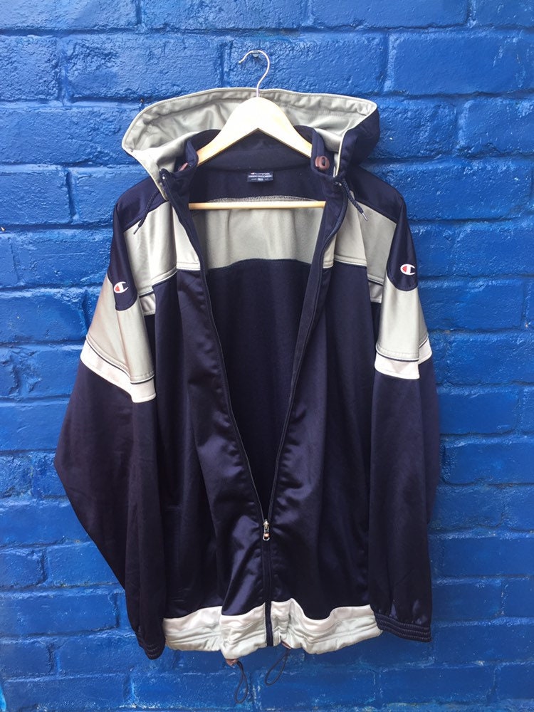 Vintage 90s Champion navy blue silver white hooded fullzip track top size XXL