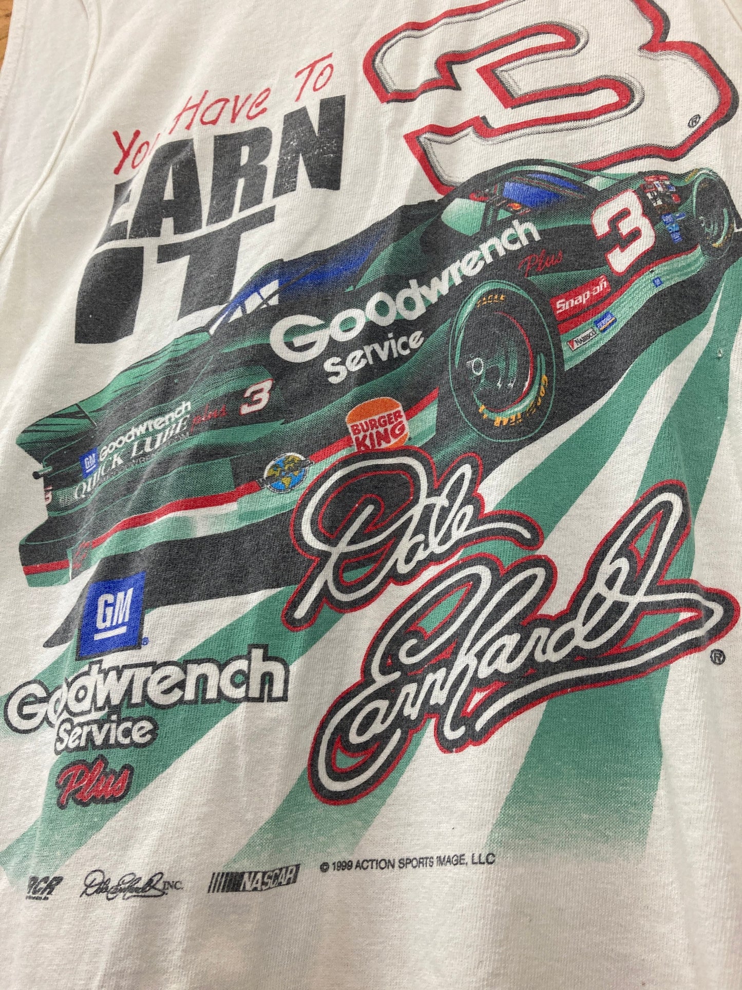 Vintage 90s white NASCAR Dale Earnhardt Chevy Goodwrench gymnasium vest muscle souvenir t-shirt size