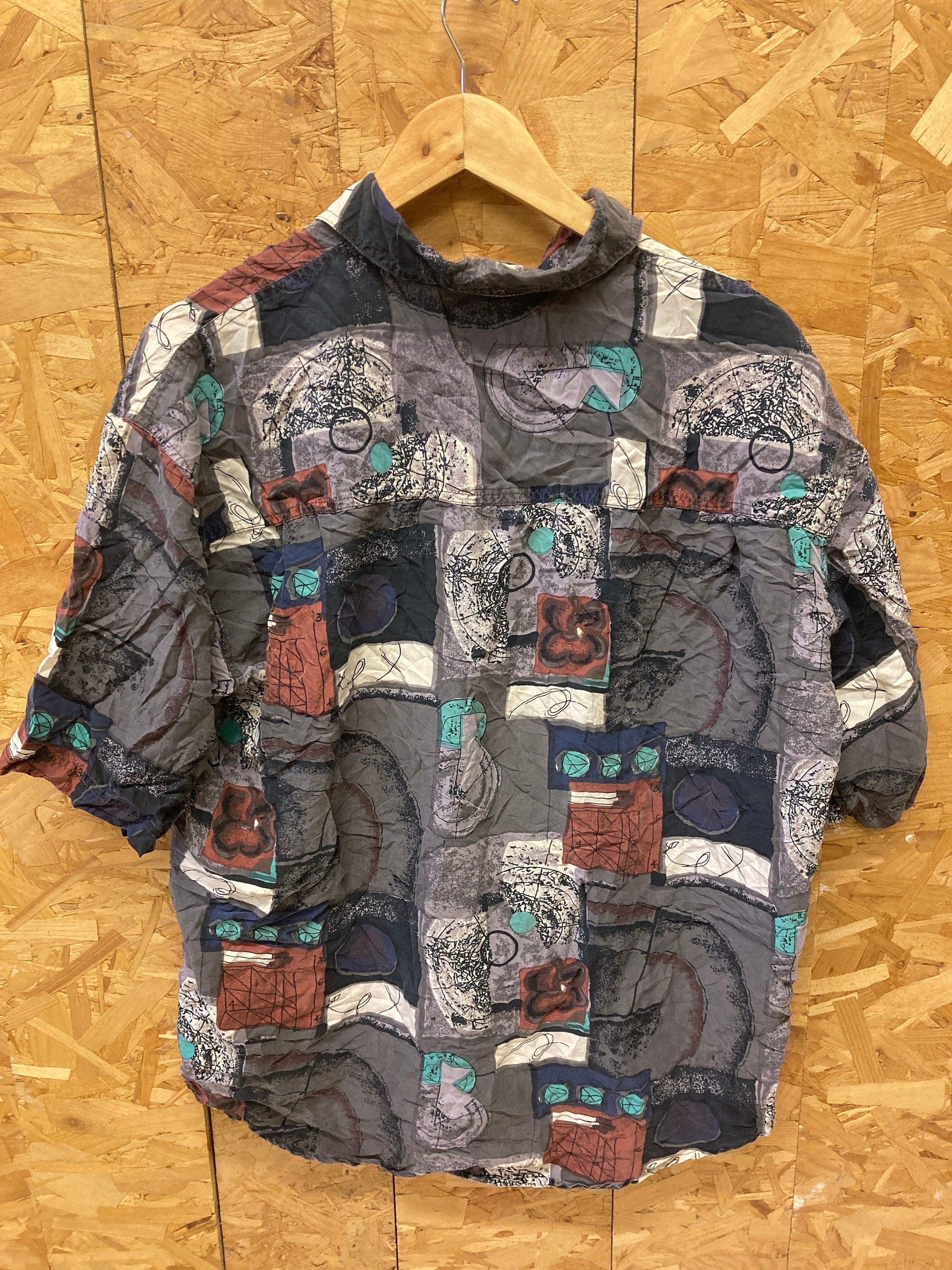 Vintage 90s ugly abstract scrapbook pattern 100% silk grungy grey brown shirt sleeve shirt size larg