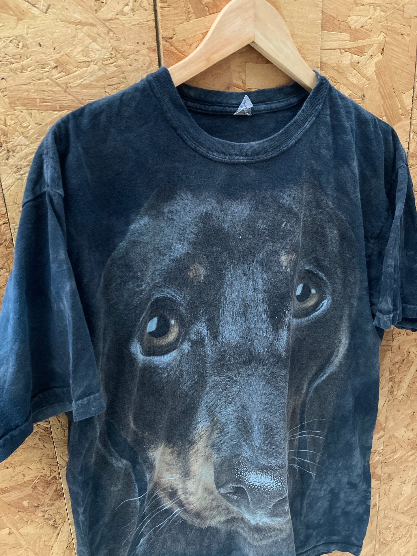 Vintage Y2K black grey grungy dog face print tie dye souvenir t-shirt size large