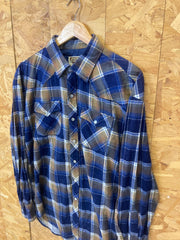 Vintage 80s beige blue brushed cotton check western twin pocket cowboy shirt size XL by Youngblood w