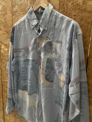Vintage 90s pastel blue grey abstract pattern long sleeve ugly shirt size large