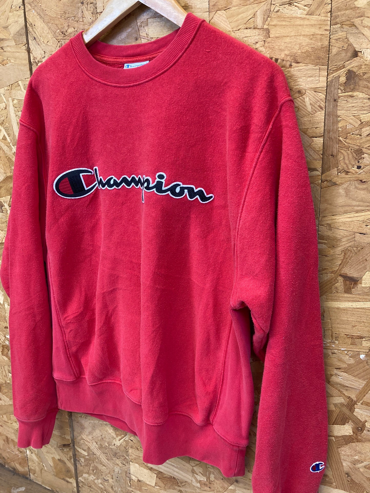 Vintage 90s Champion USA reverse weave heavyweight red & black spell out embroidered sweater size me