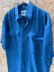 Vintage 90s navy blue 100% pure silk satin oversized short sleeve shirt size large by Enrico Mantoni