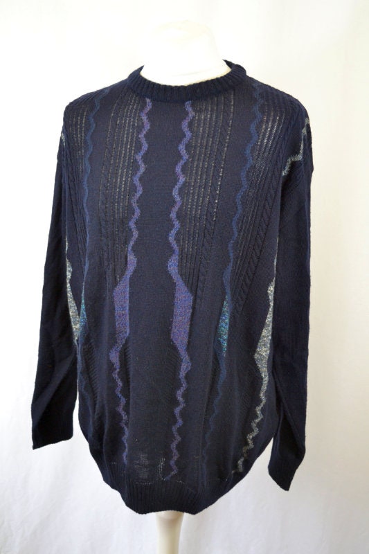 Vintage 90&#39;s navy blue grey stripe grandad jumper pullover size XXL by C&A