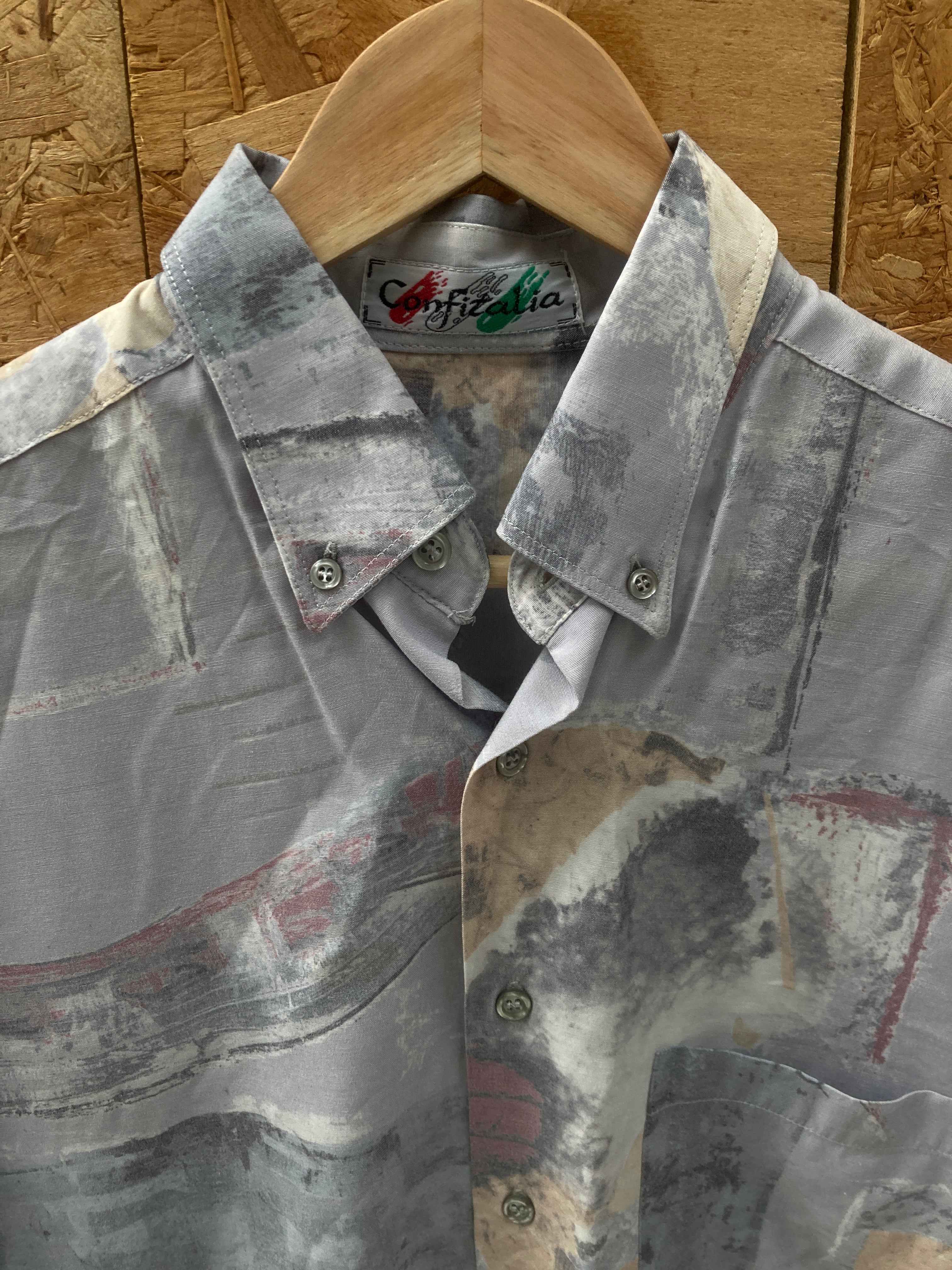 Vintage 90s pastel blue grey abstract pattern long sleeve ugly shirt size large