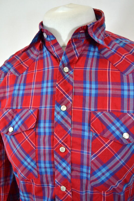 Vintage 90s Wrangler red blue check western cowboy shirt size youth XL fits as XS