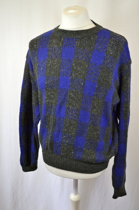 Vintage 90s charcoal blue knitted wool & acrylic stripe squares pattern jumper pullover size large b