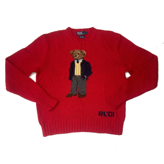 Vintage 2001 rare collectable Polo Ralph Lauren “Executive Bear” red hand-knit crew neck sweater jum