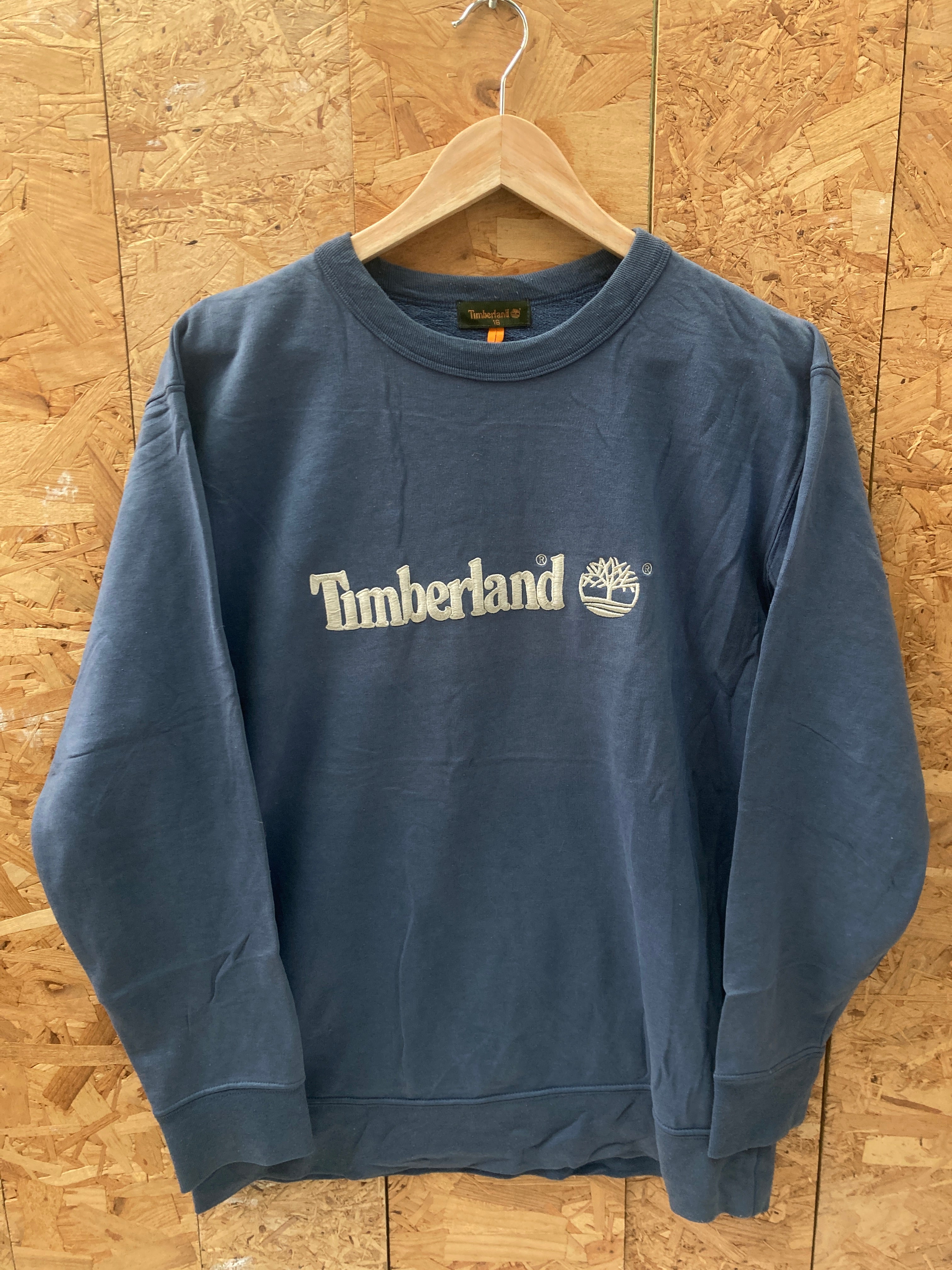 Vintage 90s muted navy blue crew neck spell out sweater size M by Timberland