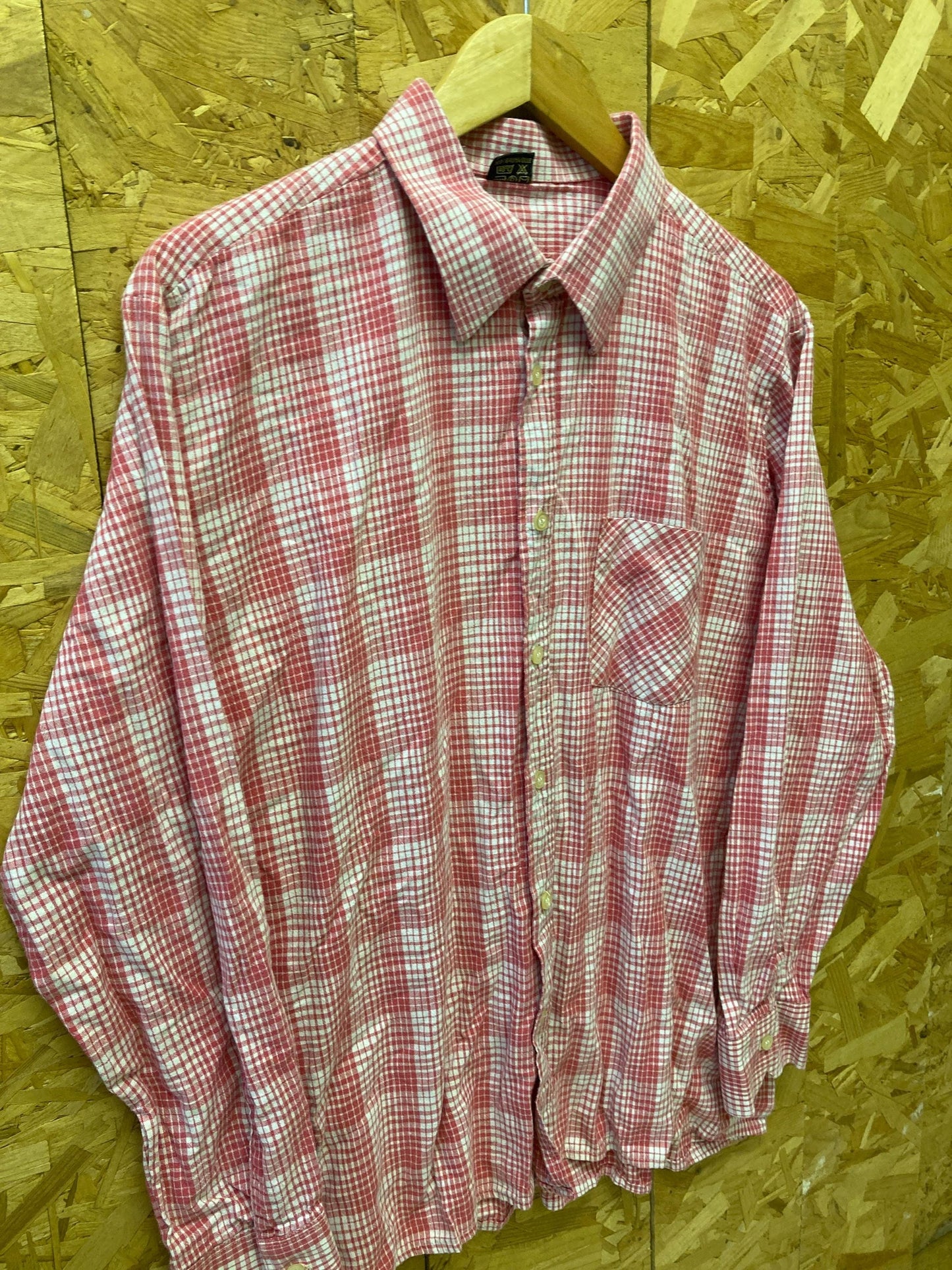 Vintage 80s red white pink gingham tablecloth check long sleeve Mod skinhead retro punk shirt size X