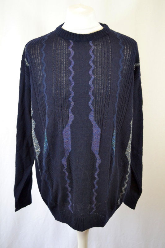 Vintage 90&#39;s navy blue grey stripe grandad jumper pullover size XXL by C&A