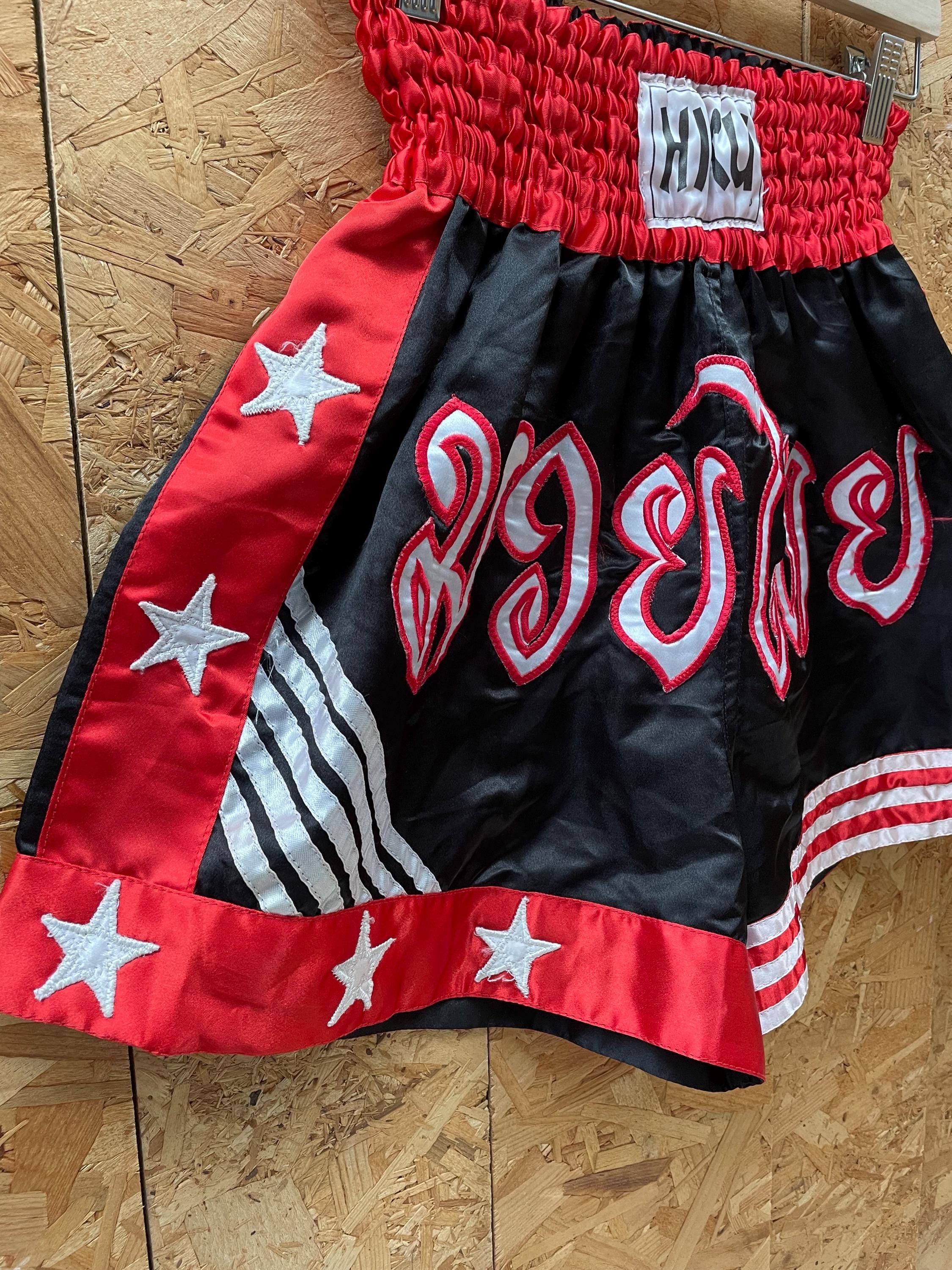 Vintage Thai boxing combat shorts black red stars & stripes traditional script size medium
