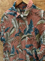 Vintage 90s rayon coral blue grey leaf pattern Hawaiian shirt size M by Campia
