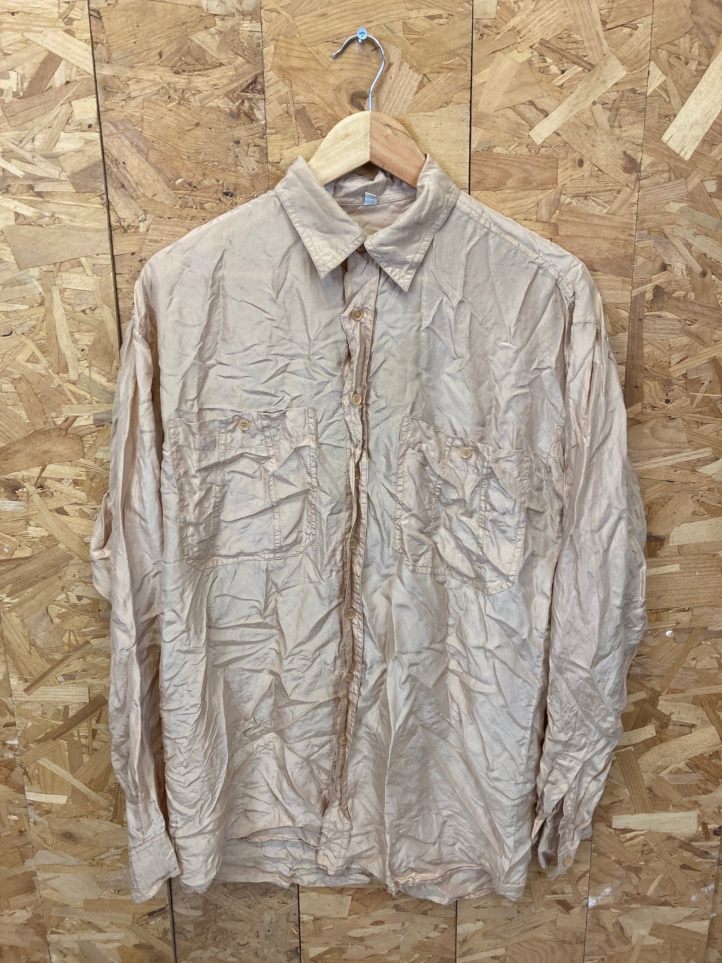 Vintage 90s 100% Silk coffee beige long sleeve twin pocket oversized shirt size small by monk Adam