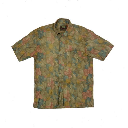 Vintage 90s mens ugly grungy green rose brown bold leaf pattern short sleeve summer party shirt size