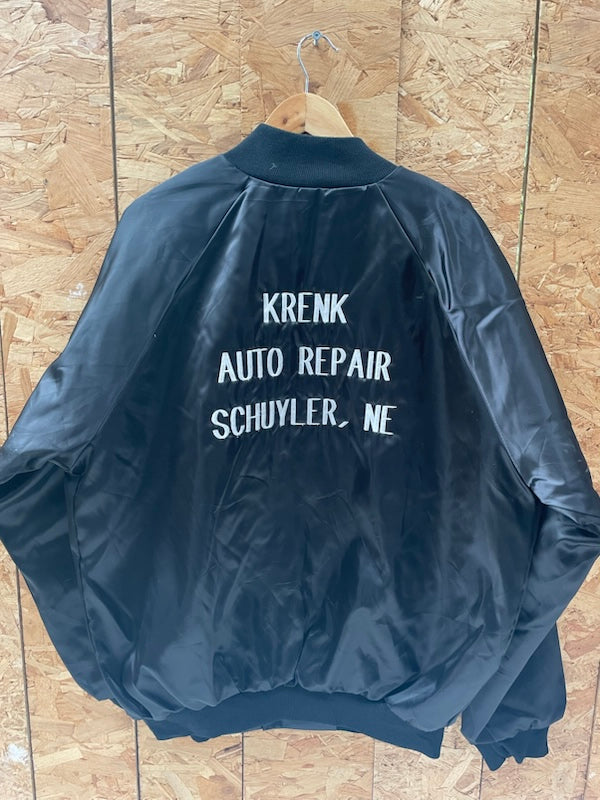 Vintage 80s Krenk Auto Repair Shop Wear-Guard Black Satin Baseball Jacket XL Embroidered Logo