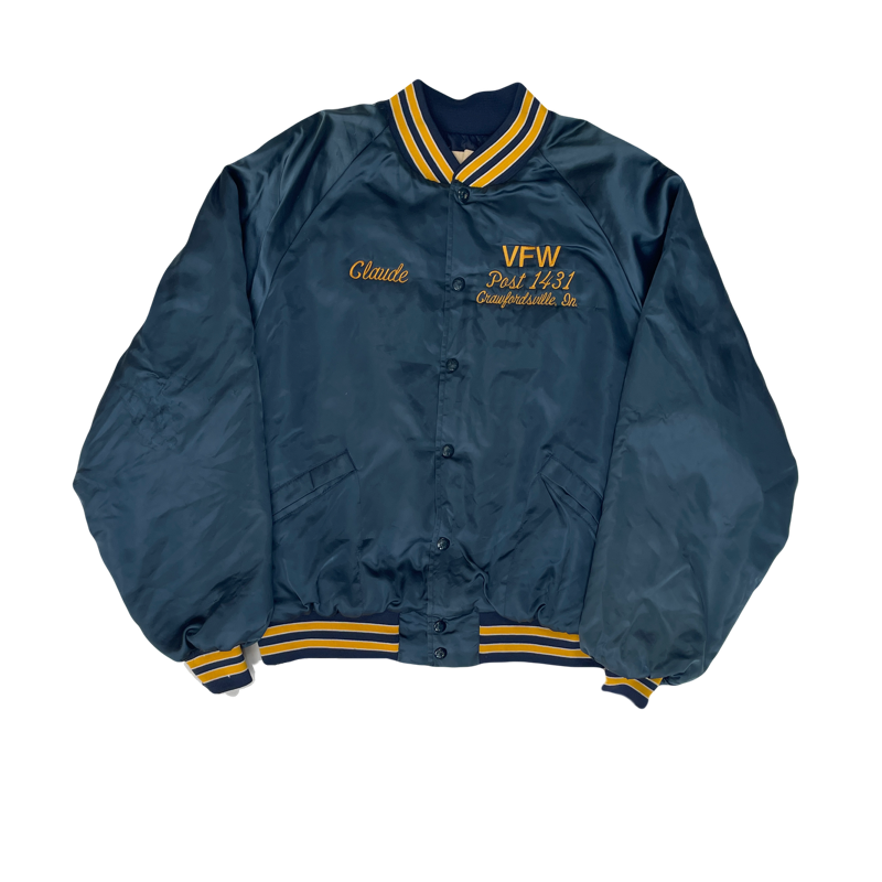 Vintage 80s VFW Post 1431 Satin Baseball Jacket - Dark Blue - Size Large