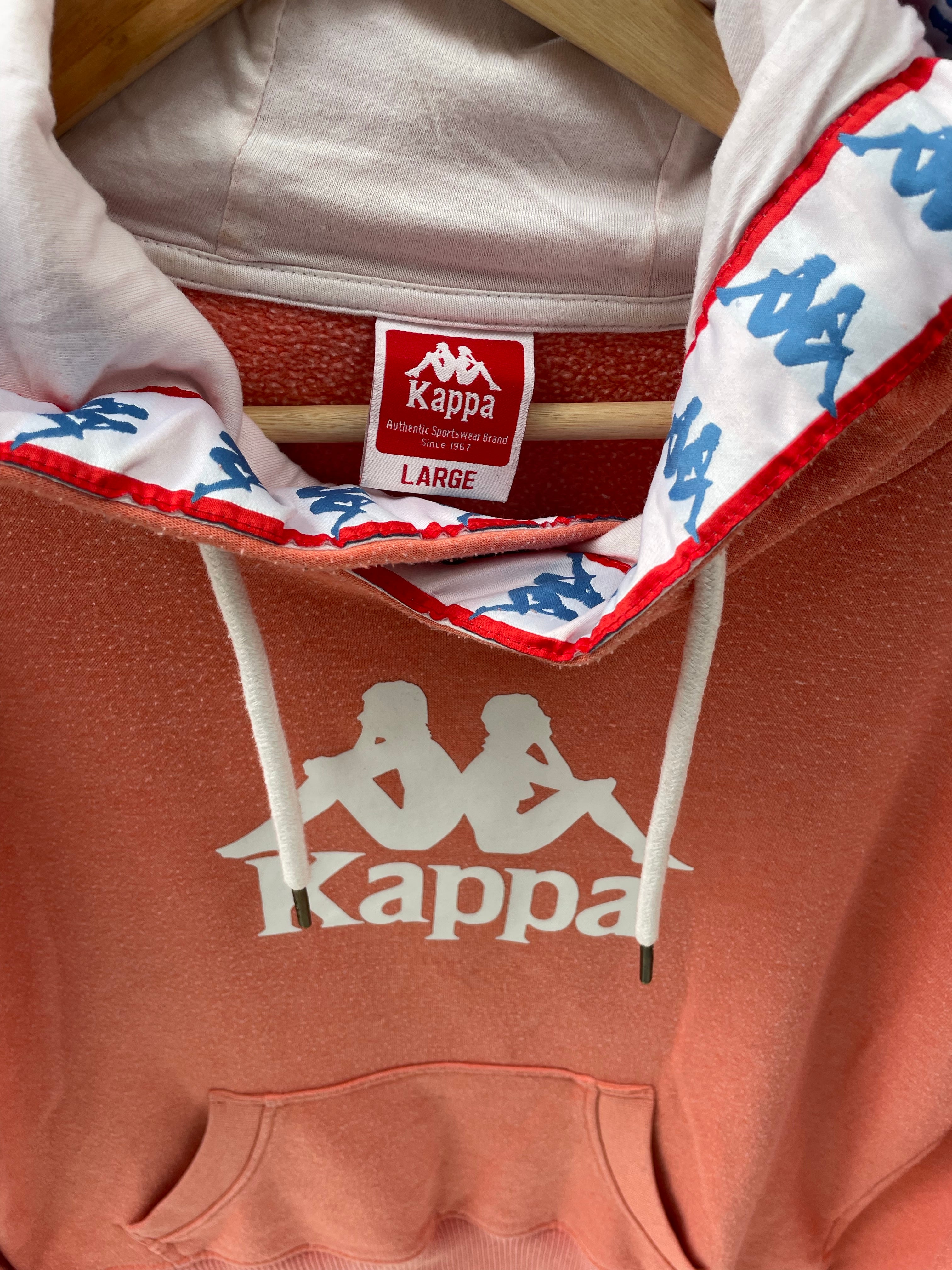 Vintage Y2K Womens Kappa Large Coral Pink Hoodie with White & Blue Detail