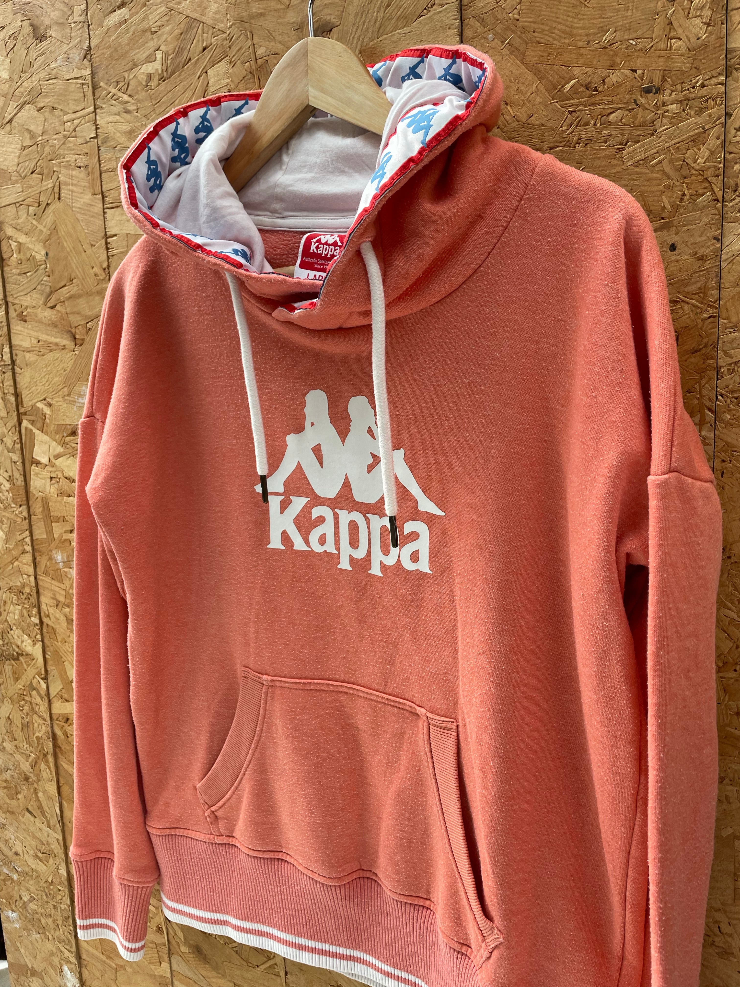 Vintage Y2K Womens Kappa Large Coral Pink Hoodie with White & Blue Detail