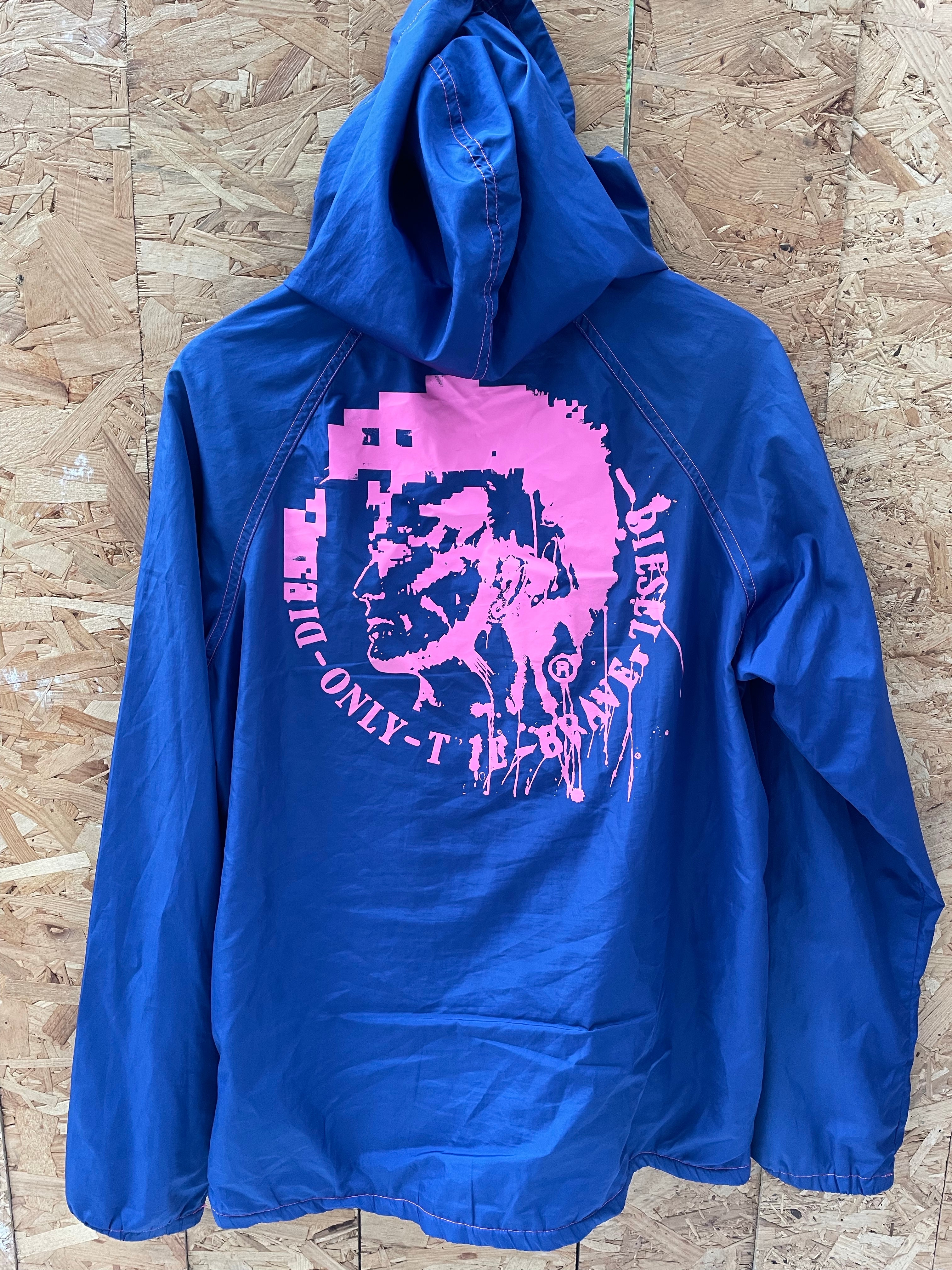 Vintage Y2K Diesel Women's Size L Blue Pink Jacket Windbreaker Hooded Graphic