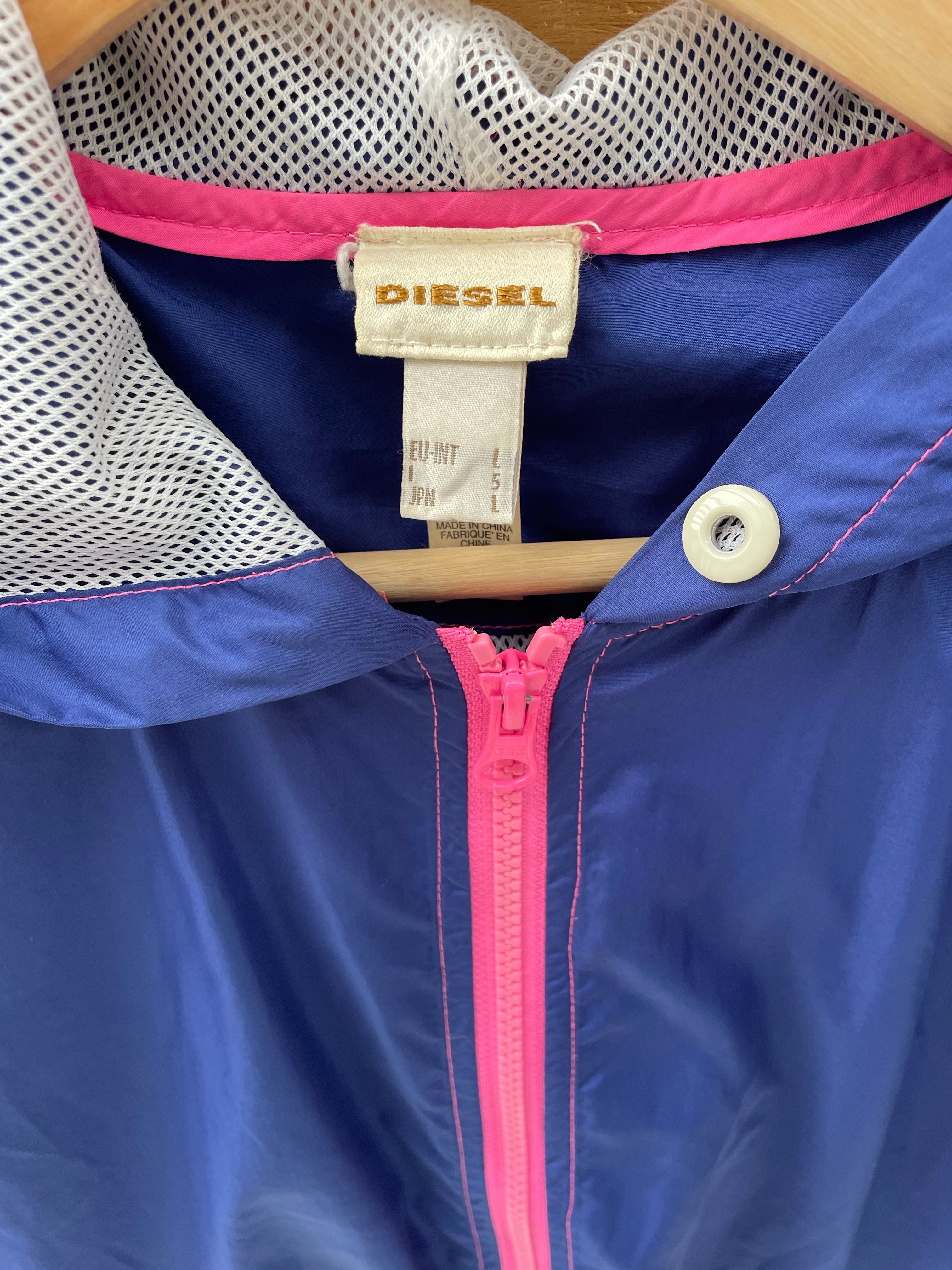 Vintage Y2K Diesel Women's Size L Blue Pink Jacket Windbreaker Hooded Graphic