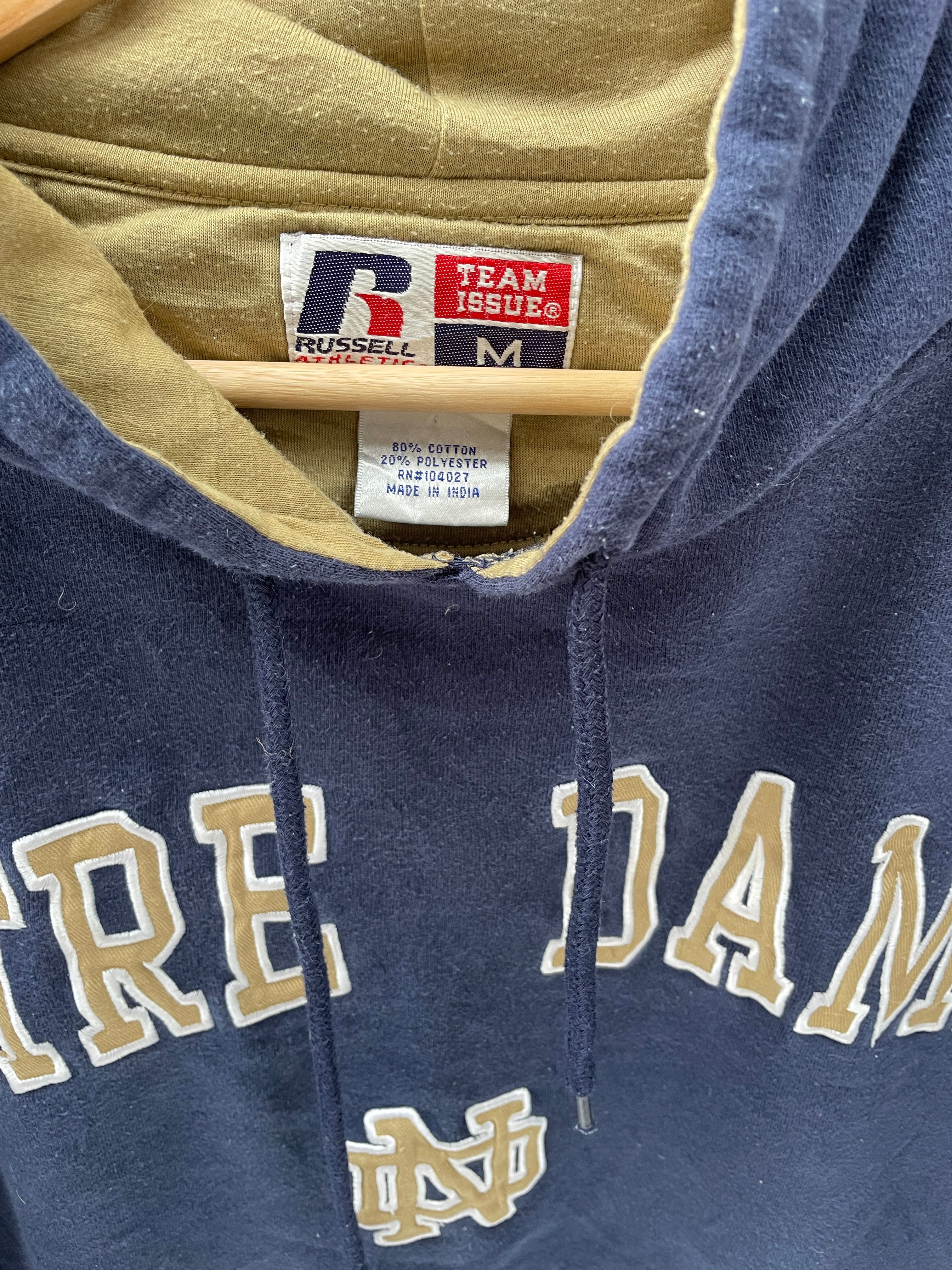 Vintage 90s Russell Athletic Notre Dame Fighting Irish Hoodie Sweater Medium Navy Blue