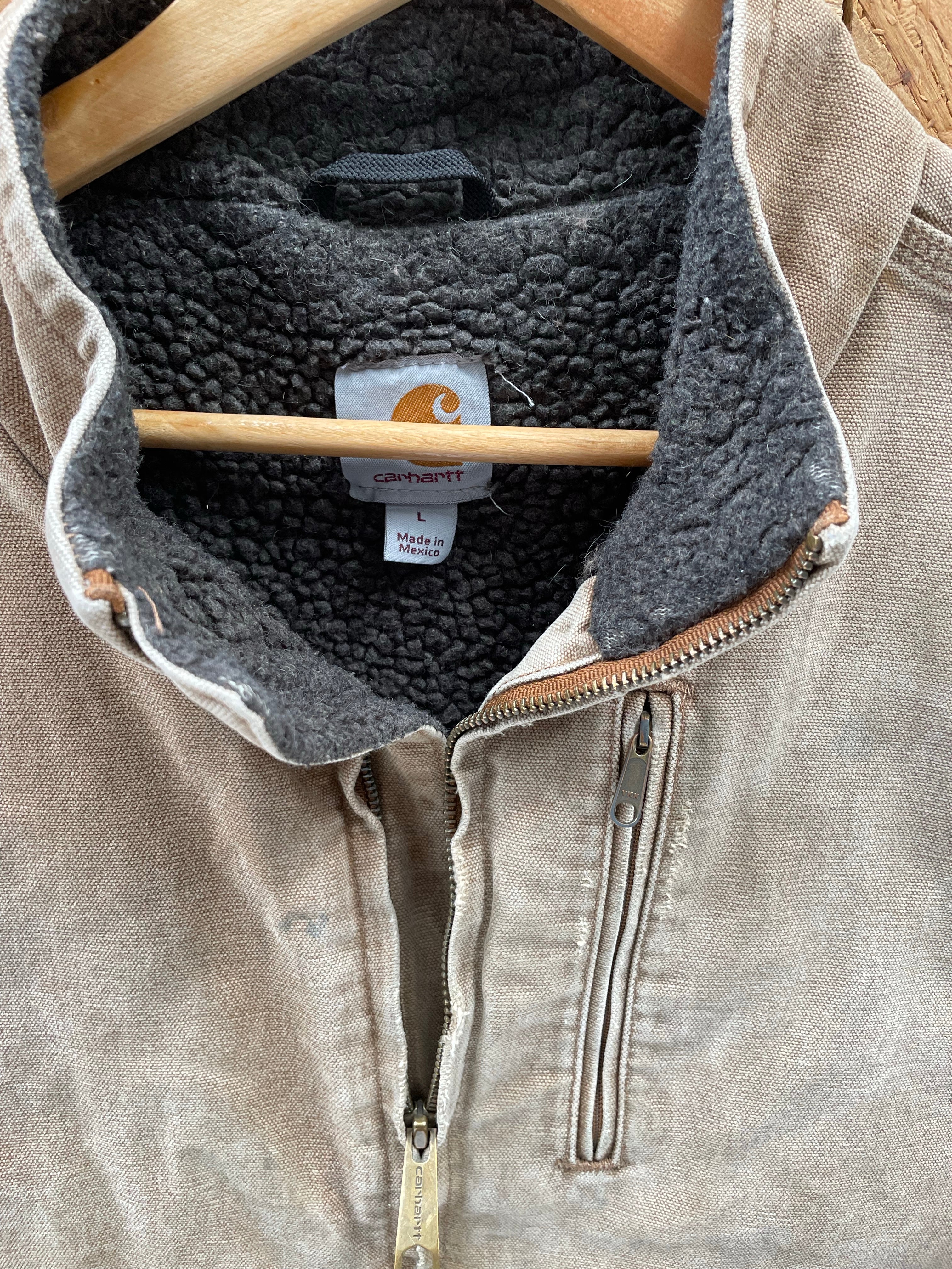 Vintage 90s Carhartt Men's Size L Distressed Tan Insulated Duck Canvas Zip-Up Vest