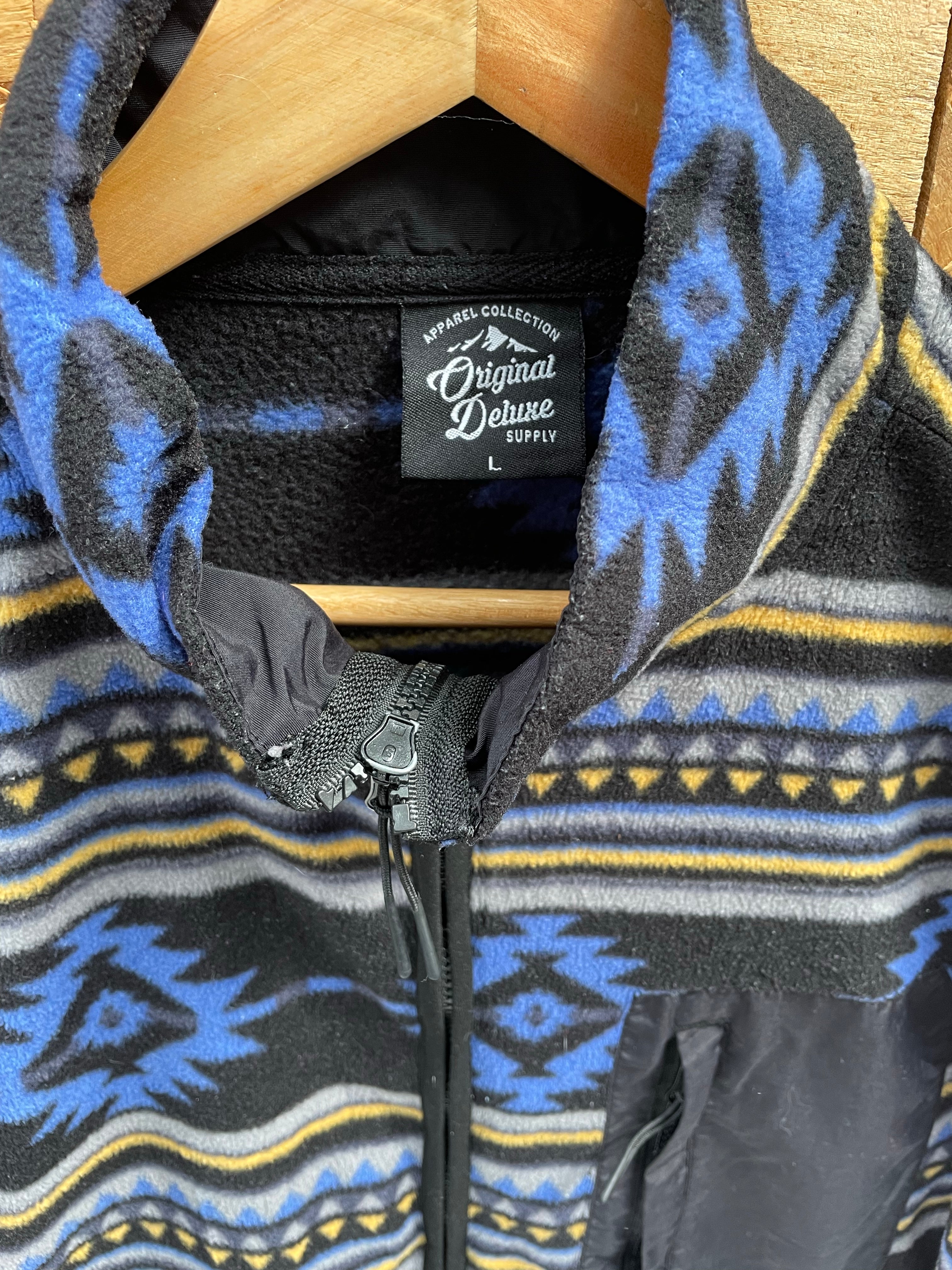 Vintage Original Deluxe Fleece Jacket L Blue/Black Southwestern Crazy Pattern