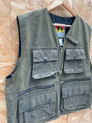 Vintage Kakadu Traders Australia Olive Green Waxed Cotton Utility Tactical Vest Size XXL