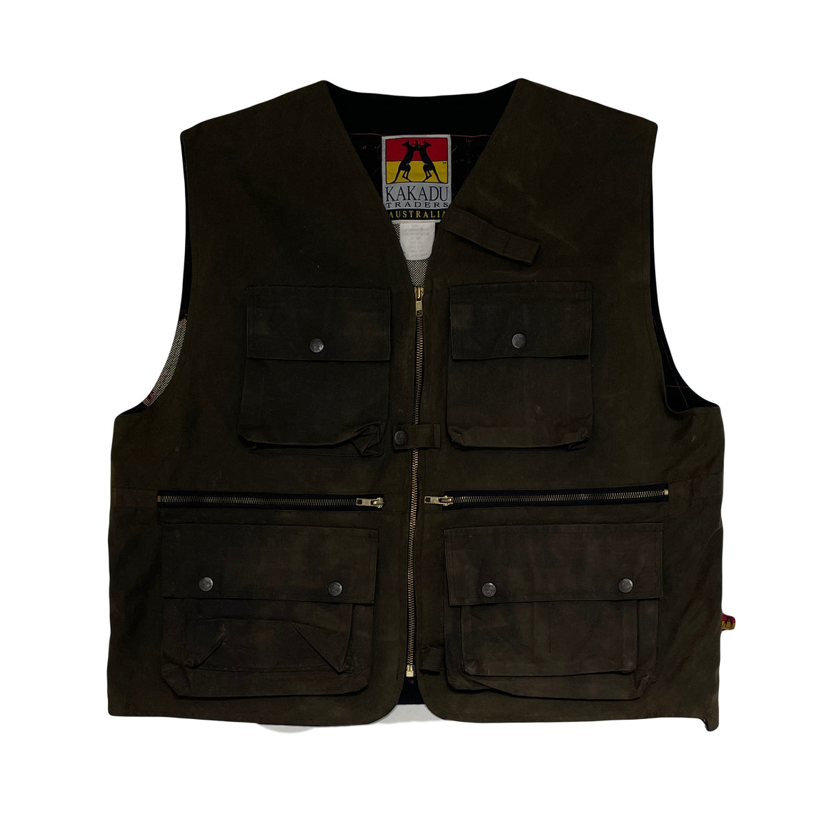 Vintage Kakadu Traders Australia Olive Green Waxed Cotton Utility Tactical Vest Size XXL