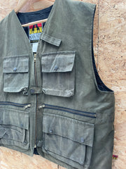 Vintage Kakadu Traders Australia Olive Green Waxed Cotton Utility Tactical Vest Size XXL