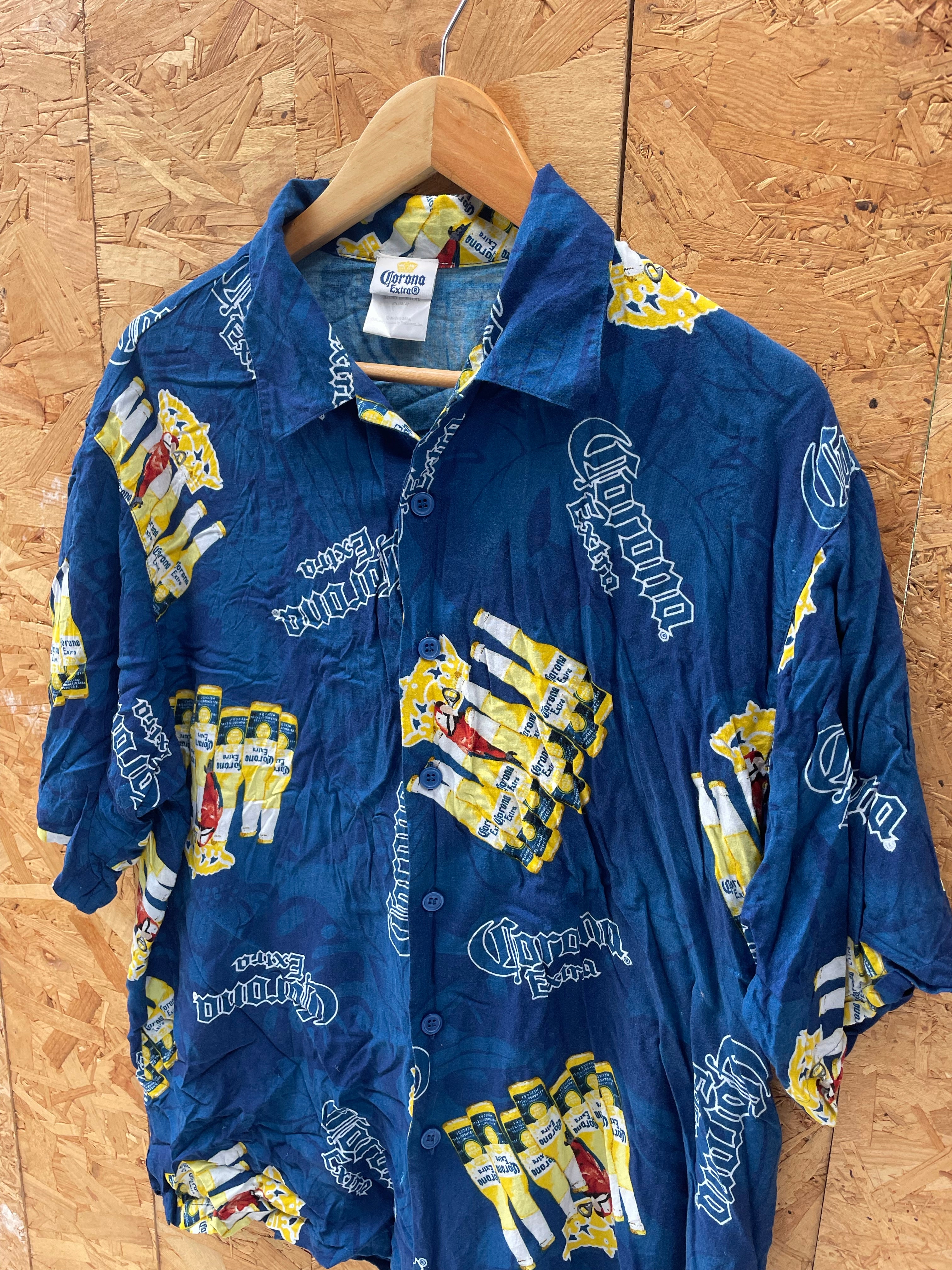 Vintage Y2K Corona Extra Beer Blue Button-Down Hawaiian Beach Shirt Mens Size XL