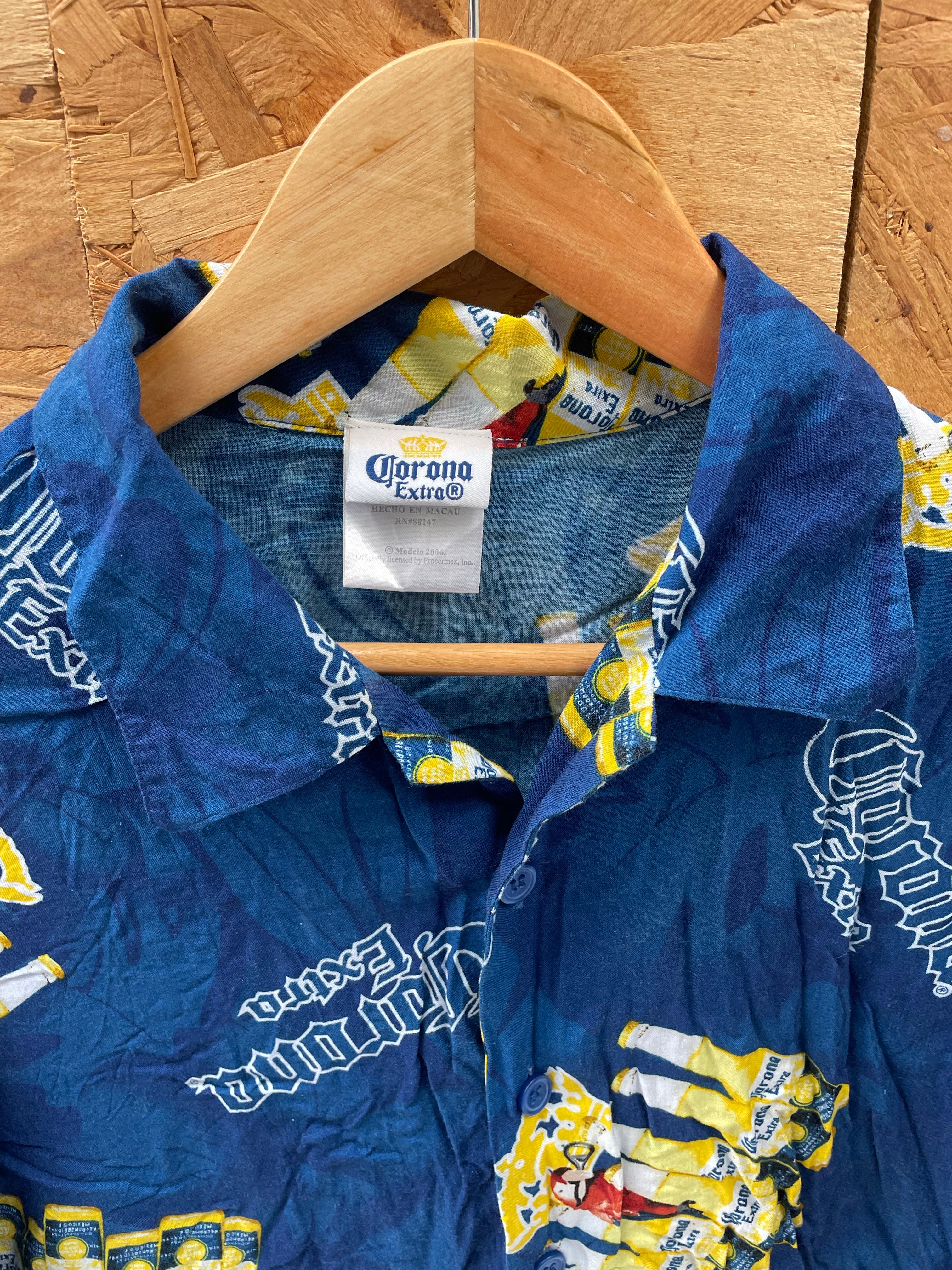 Vintage Y2K Corona Extra Beer Blue Button-Down Hawaiian Beach Shirt Mens Size XL