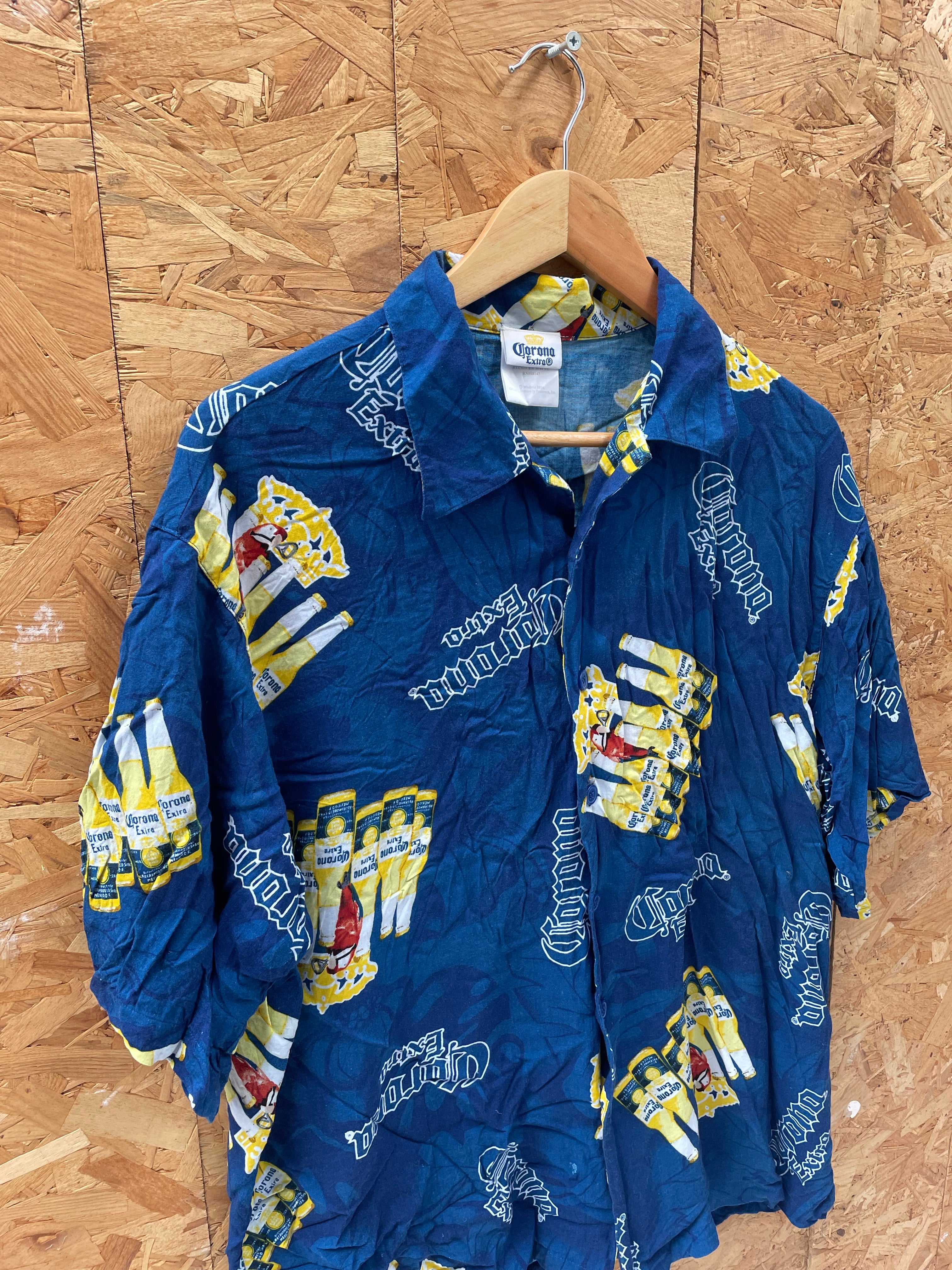 Vintage Y2K Corona Extra Beer Blue Button-Down Hawaiian Beach Shirt Mens Size XL