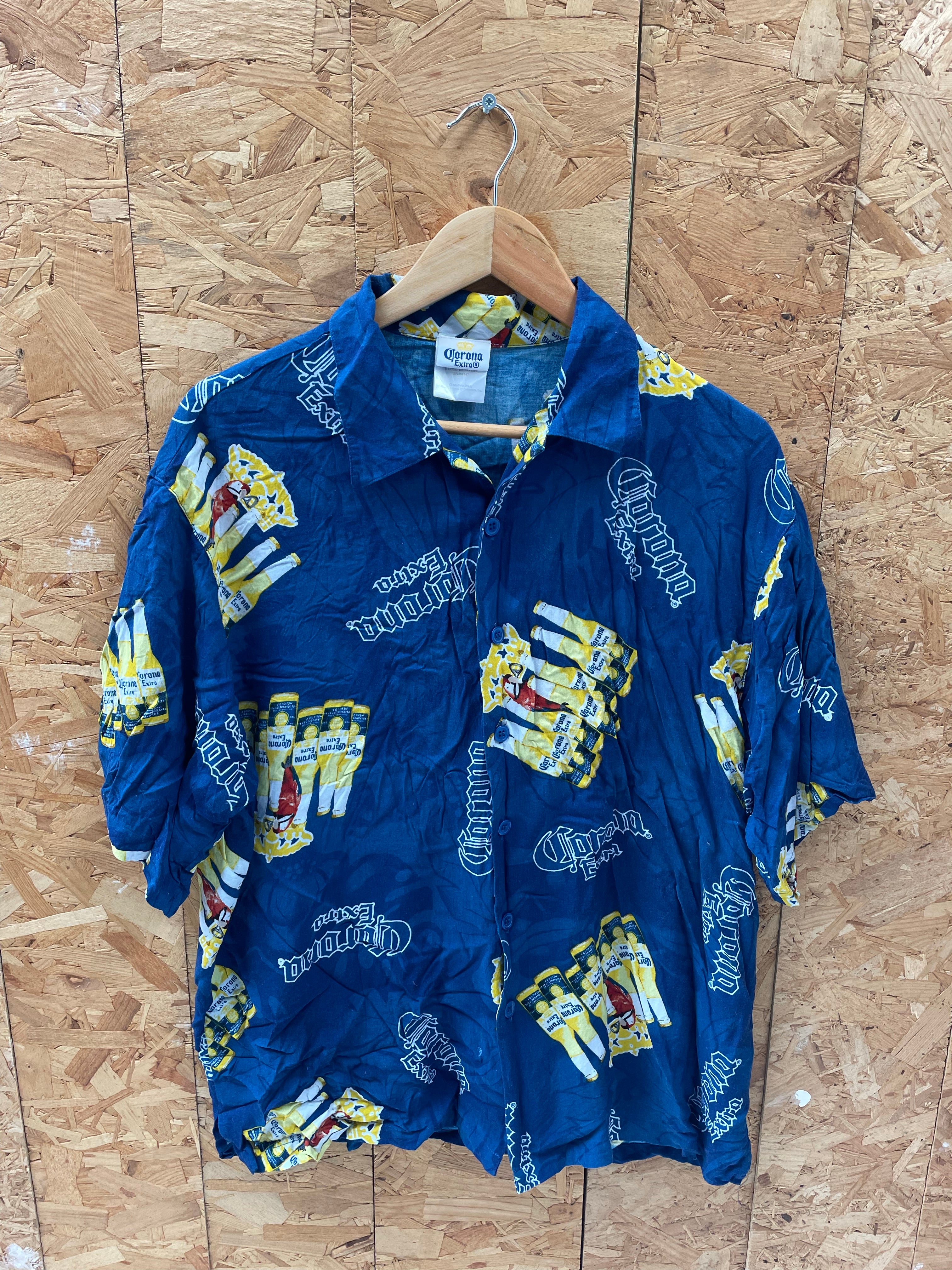 Vintage Y2K Corona Extra Beer Blue Button-Down Hawaiian Beach Shirt Mens Size XL