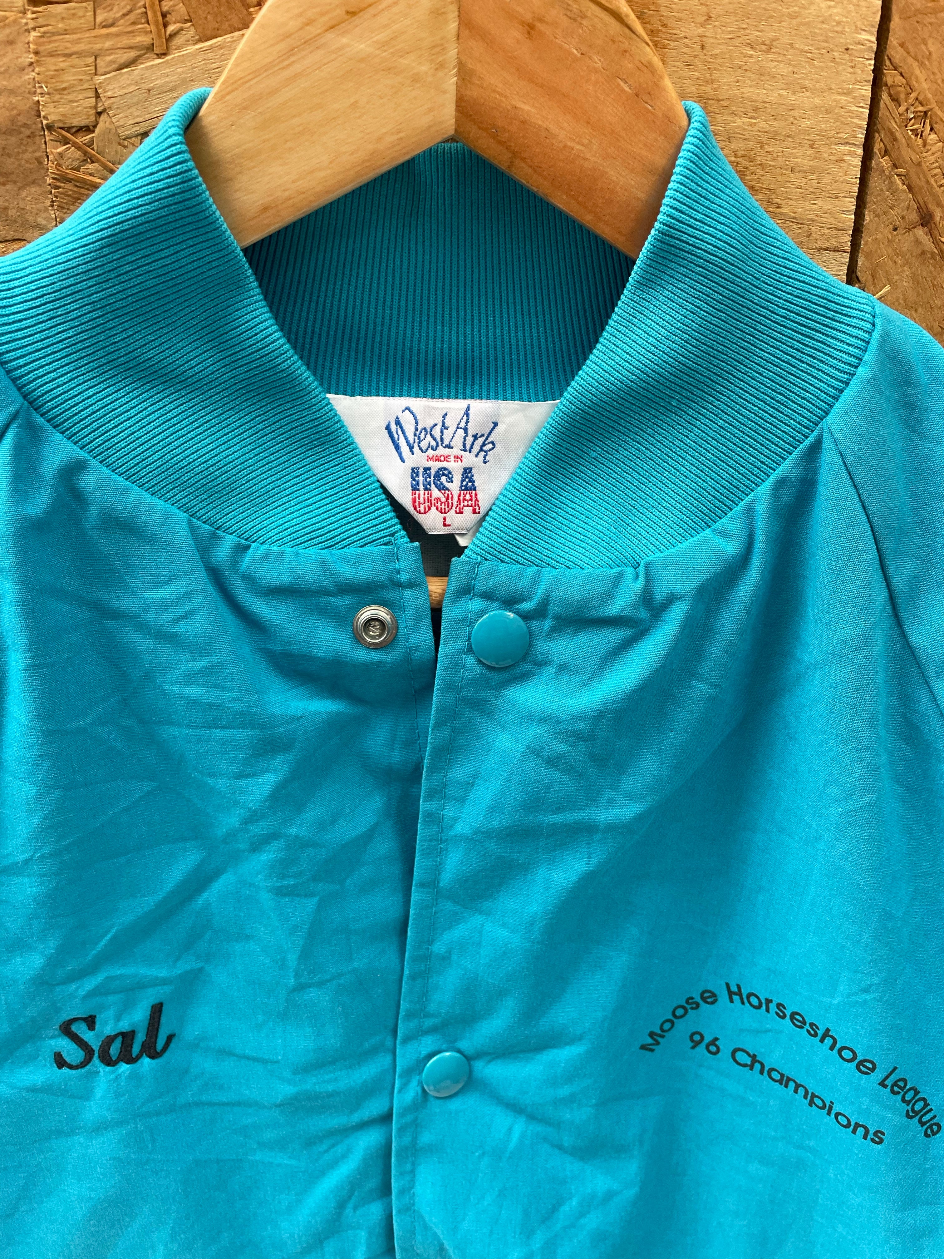 Vintage 90s Moose Horseshoe League USA Teal Blue Baseball Jacket, Size L