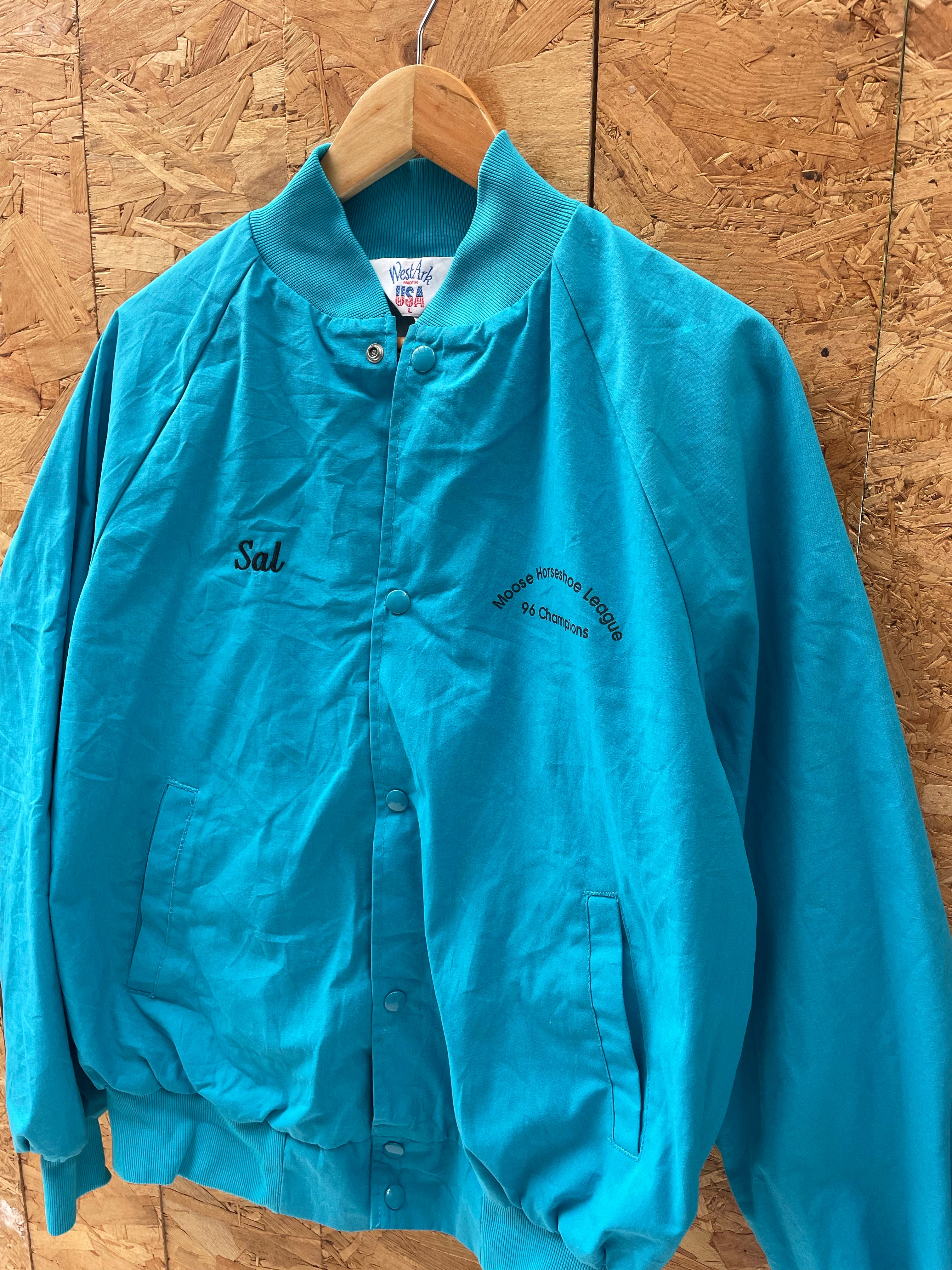 Vintage 90s Moose Horseshoe League USA Teal Blue Baseball Jacket, Size L