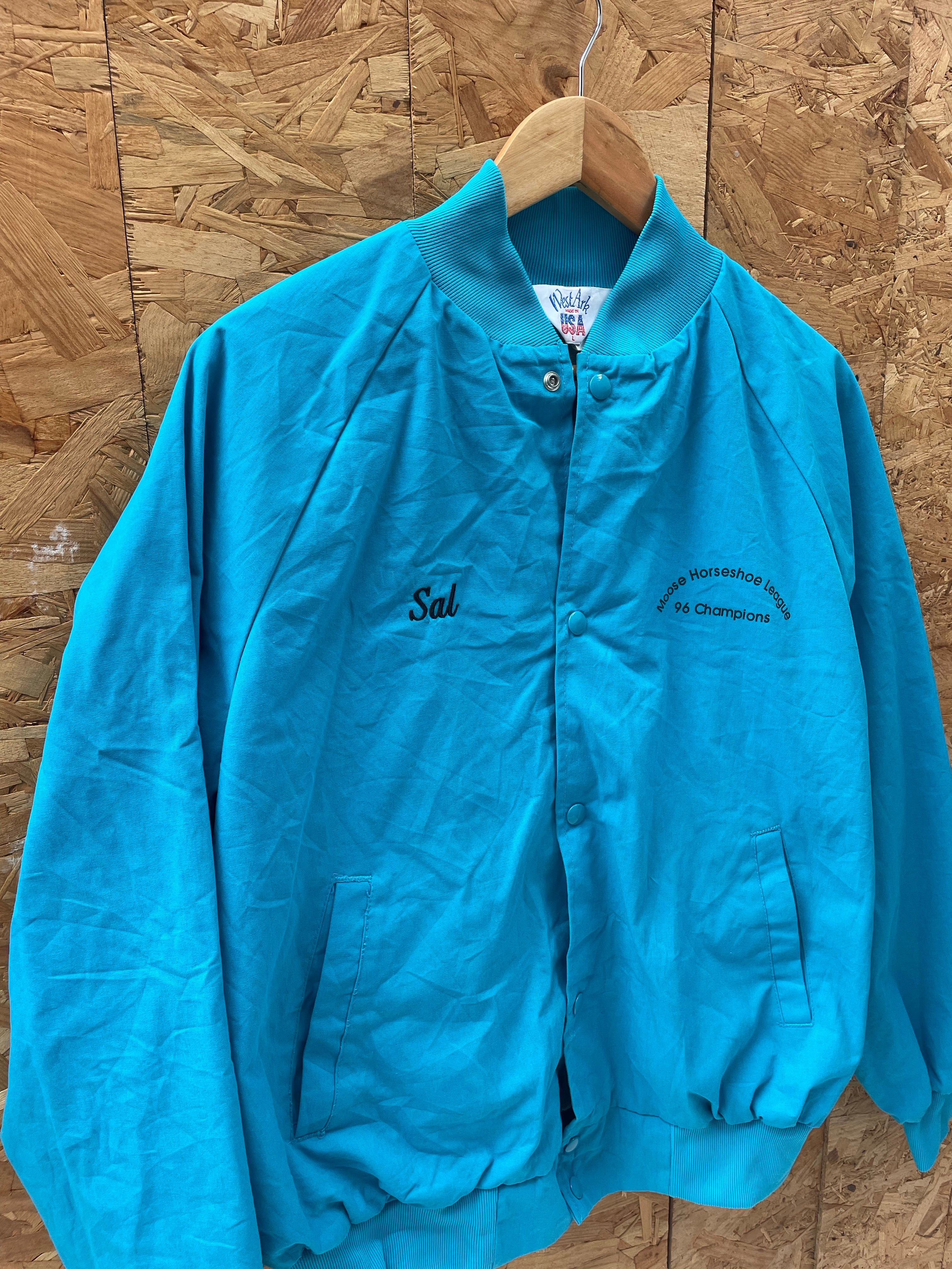 Vintage 90s Moose Horseshoe League USA Teal Blue Baseball Jacket, Size L